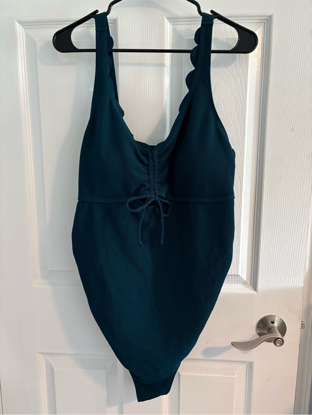 Scalloped Strap Deep Teal One-Piece Swimsuit with Front Tie